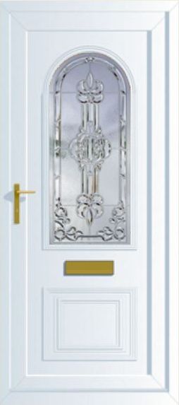 Front door with patterened glass